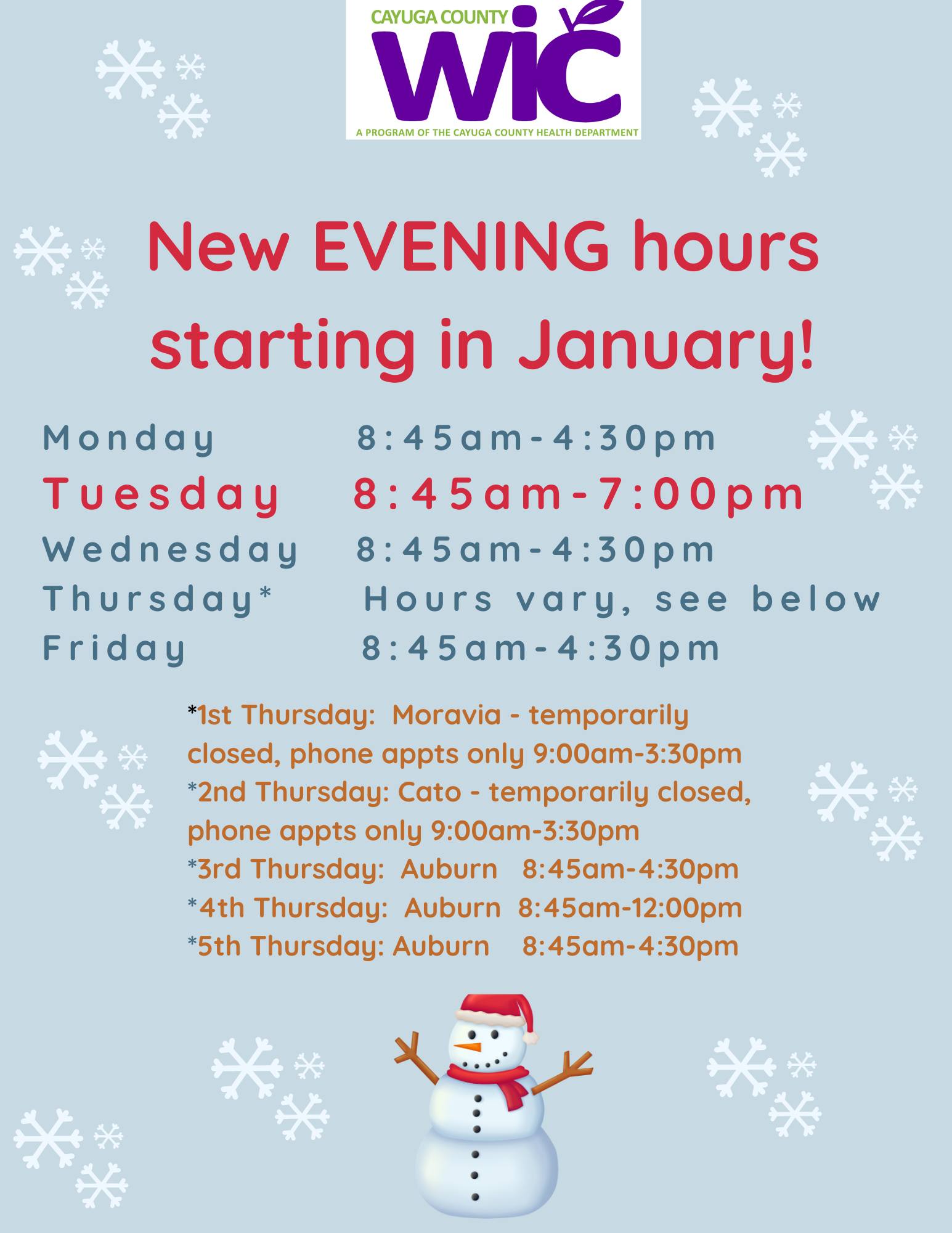 Cayuga County WIC Updates Hours