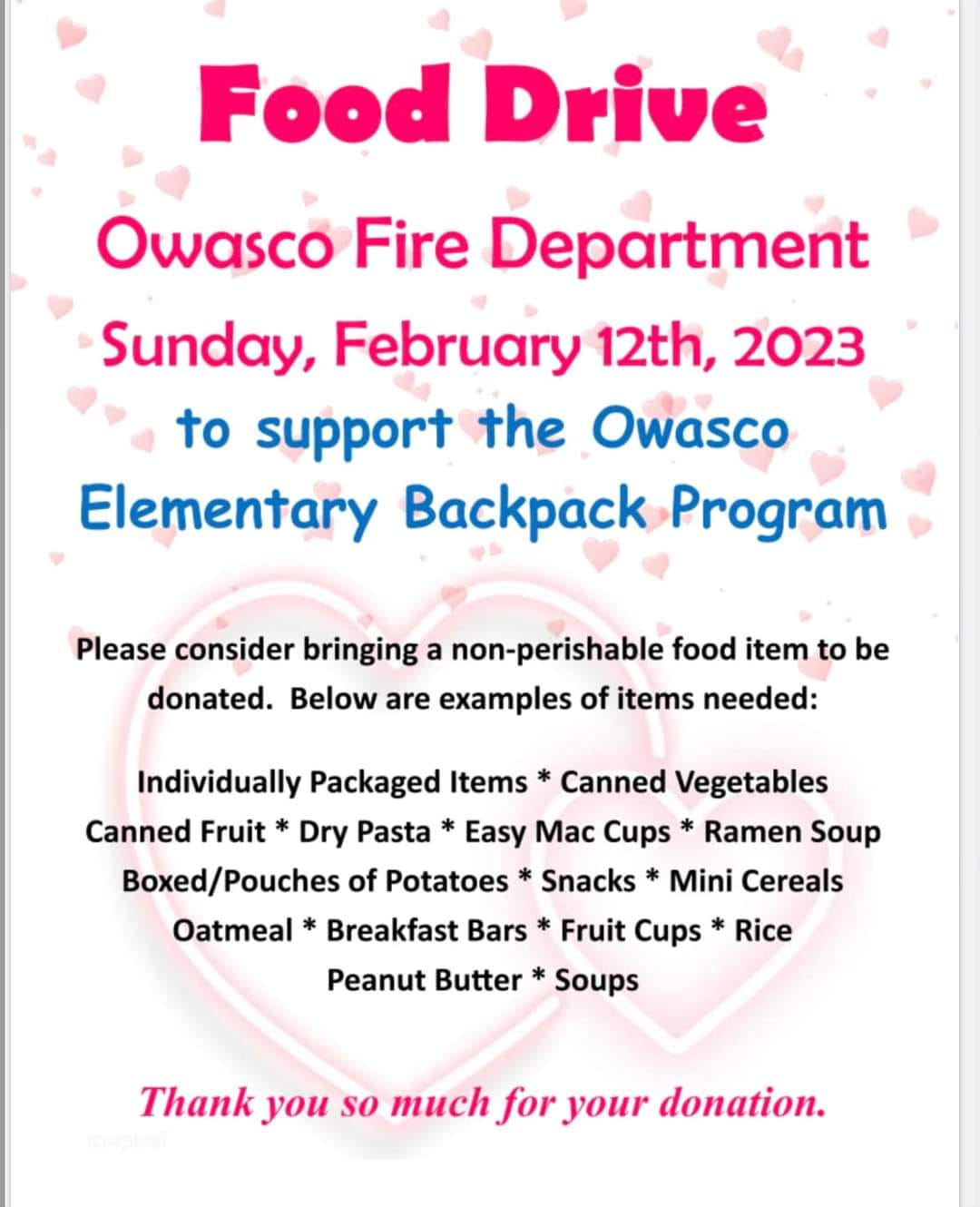 Food Drive to Benefit Owasco Elementary Backpack Program