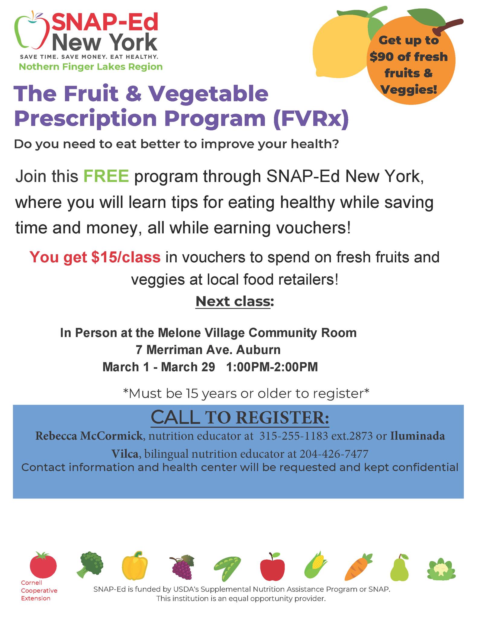 Spots Still Available for Cayuga County SNAP-Ed Fruit & Veggie Rx Classes
