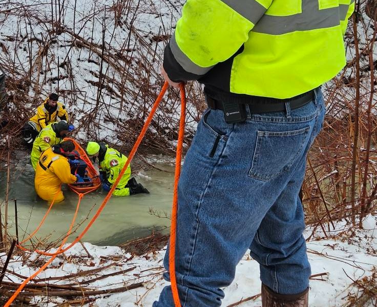 Odessa Firefighters Perform Cold Water Rescue on MVA Victim